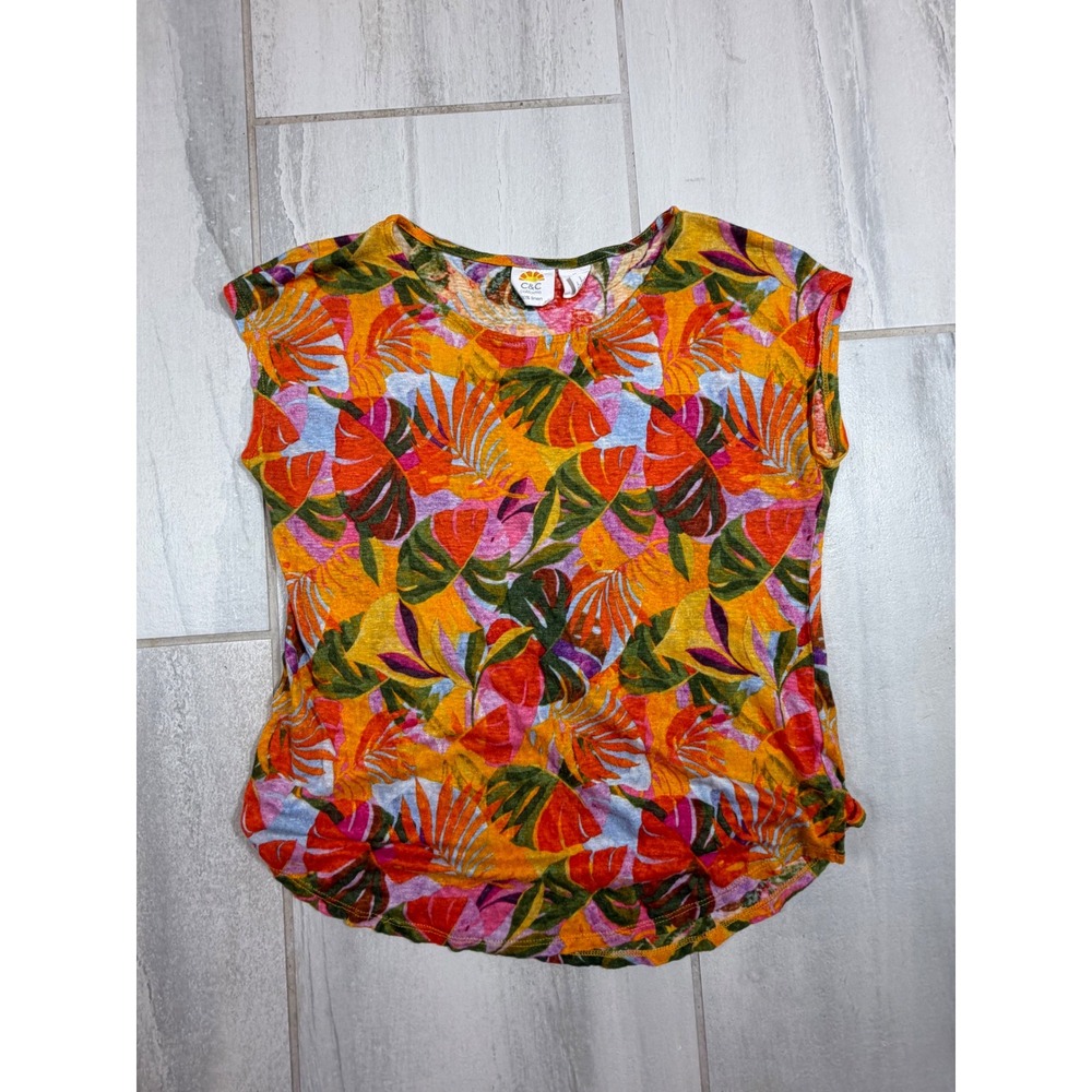 C&C California Womens Small 100% Linen Tropical Leaf Print Cap Sleeve Top Orange